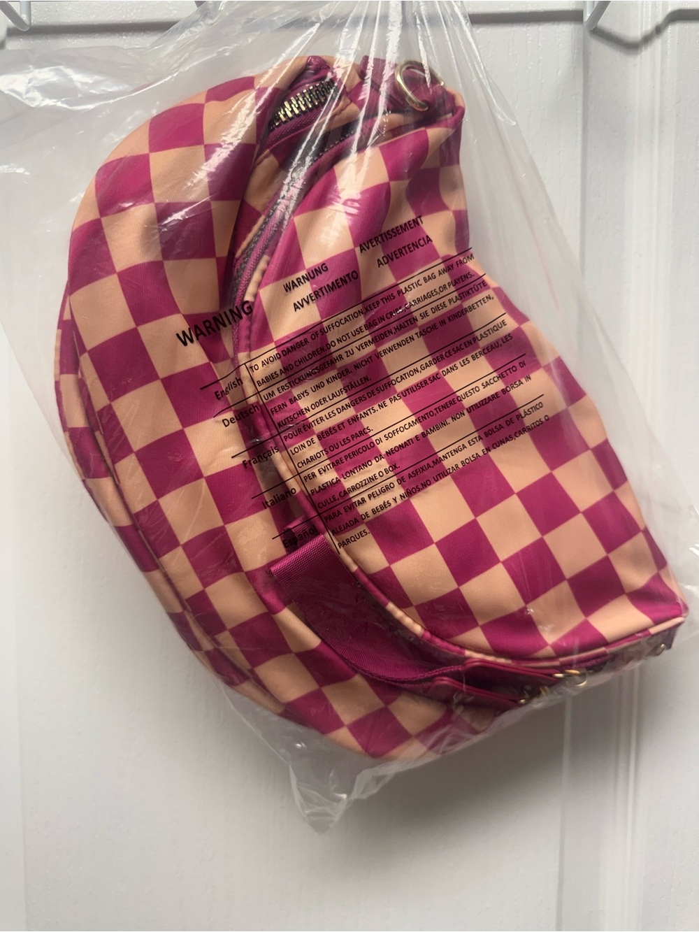 Pink & Orange Checkered Hobo Bag with Adjustable Strap